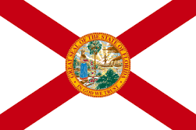 Flag of Florida featuring a red saltire on a white background with the state seal in the center.