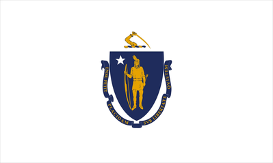 Flag of Massachusetts featuring the state seal with a Native American figure and a blue shield.
